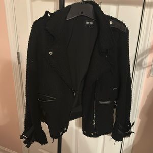 Lined tweed coat with leather moto details